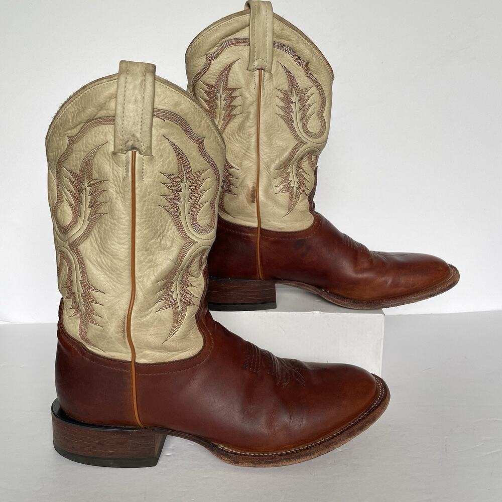 Vintage Tony Lama Roper Cowboy Boots Men’s 8.5 D Brown & Cream Leather USA Made - Picture 2 of 16